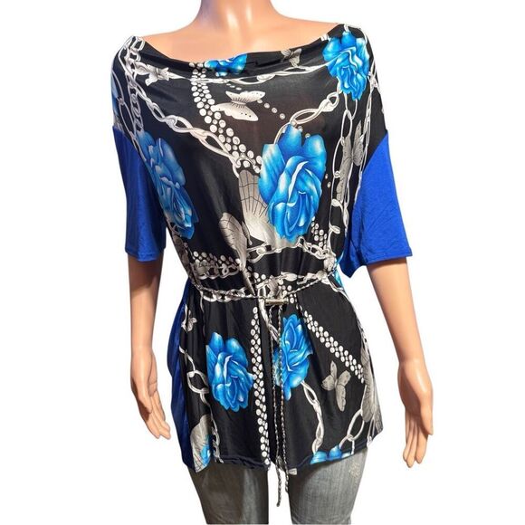 Pulp blue printed short sleeve cowl neck top XL - Picture 2 of 6